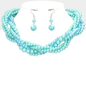 Turquoise Braided Pearl Faceted Beaded Collar Statement Necklace